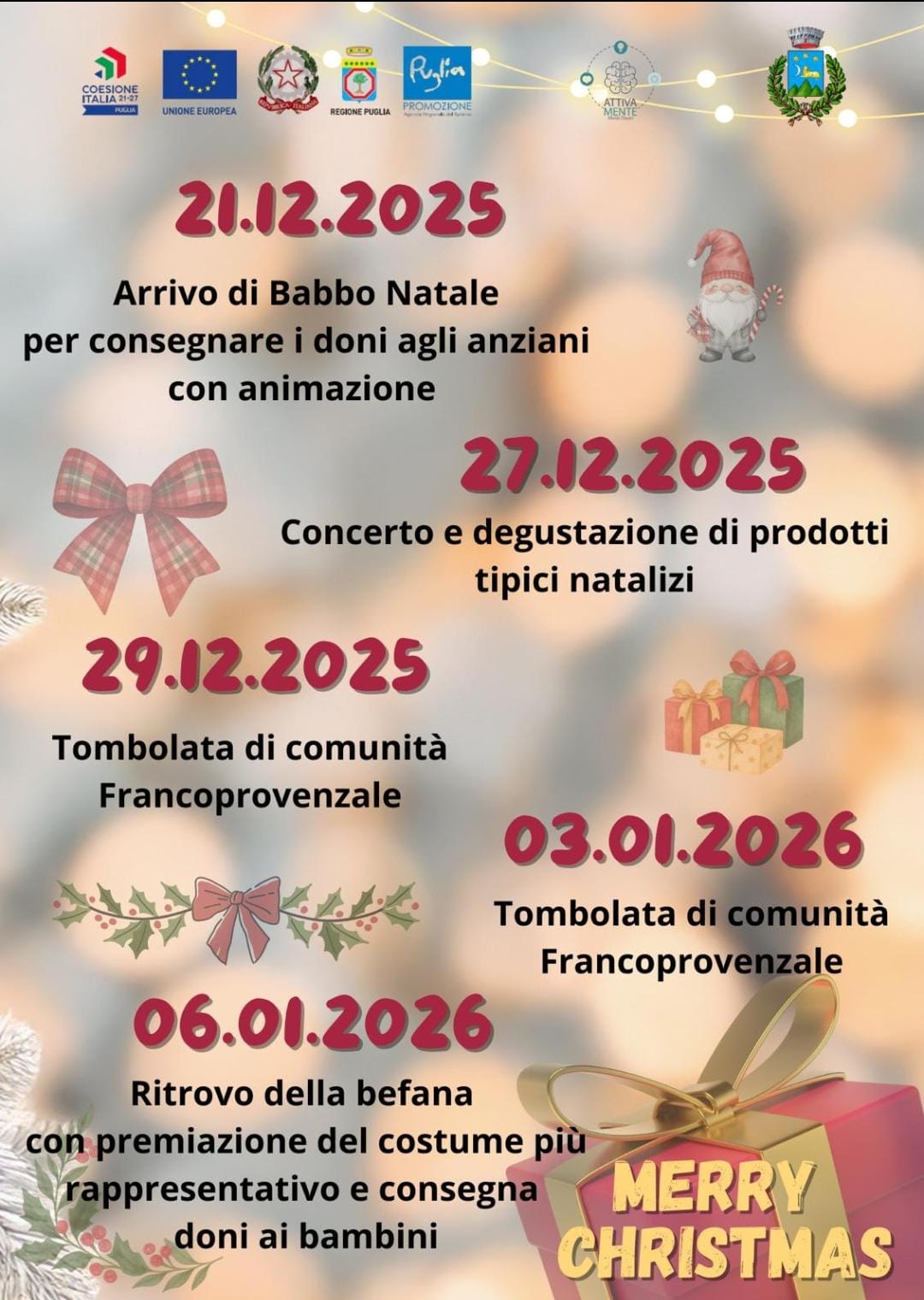 Arrivo di Babbo Natale per consegnare i doni agli anziani con animazione