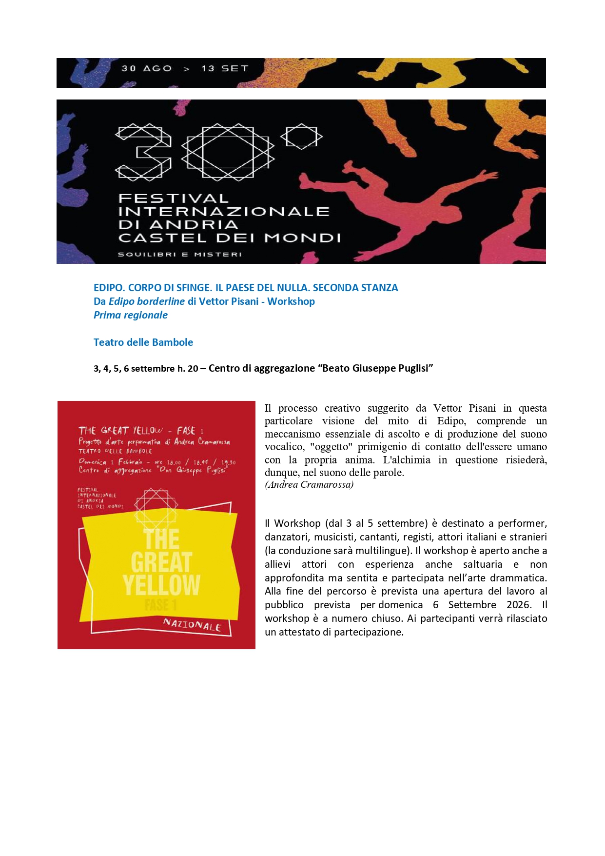 FESTIVAL INTERNAZIONALE DI ANDRIA CASTEL DEI MONDI 2026 "SQUILIBRI E MISTERI"