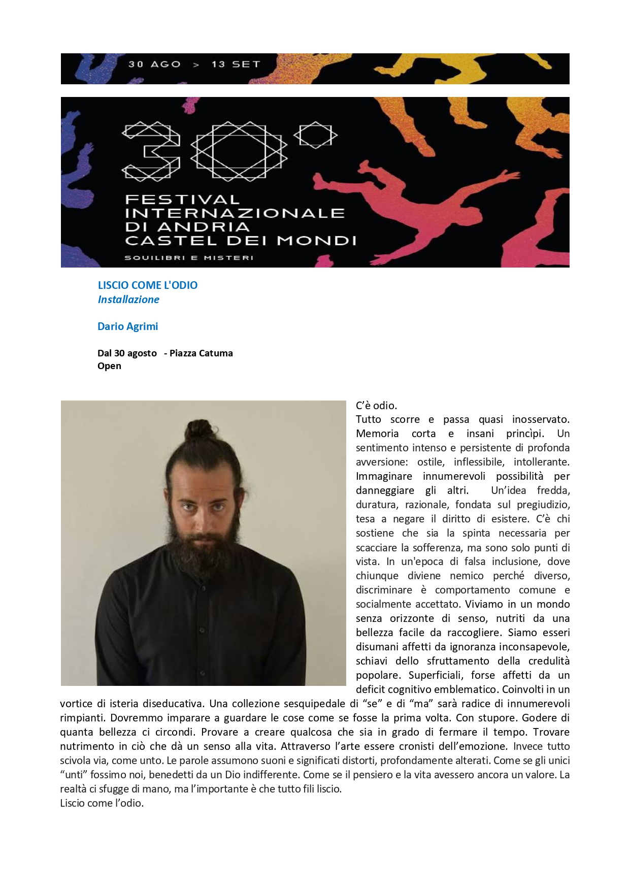 FESTIVAL INTERNAZIONALE DI ANDRIA CASTEL DEI MONDI 2026 "SQUILIBRI E MISTERI"