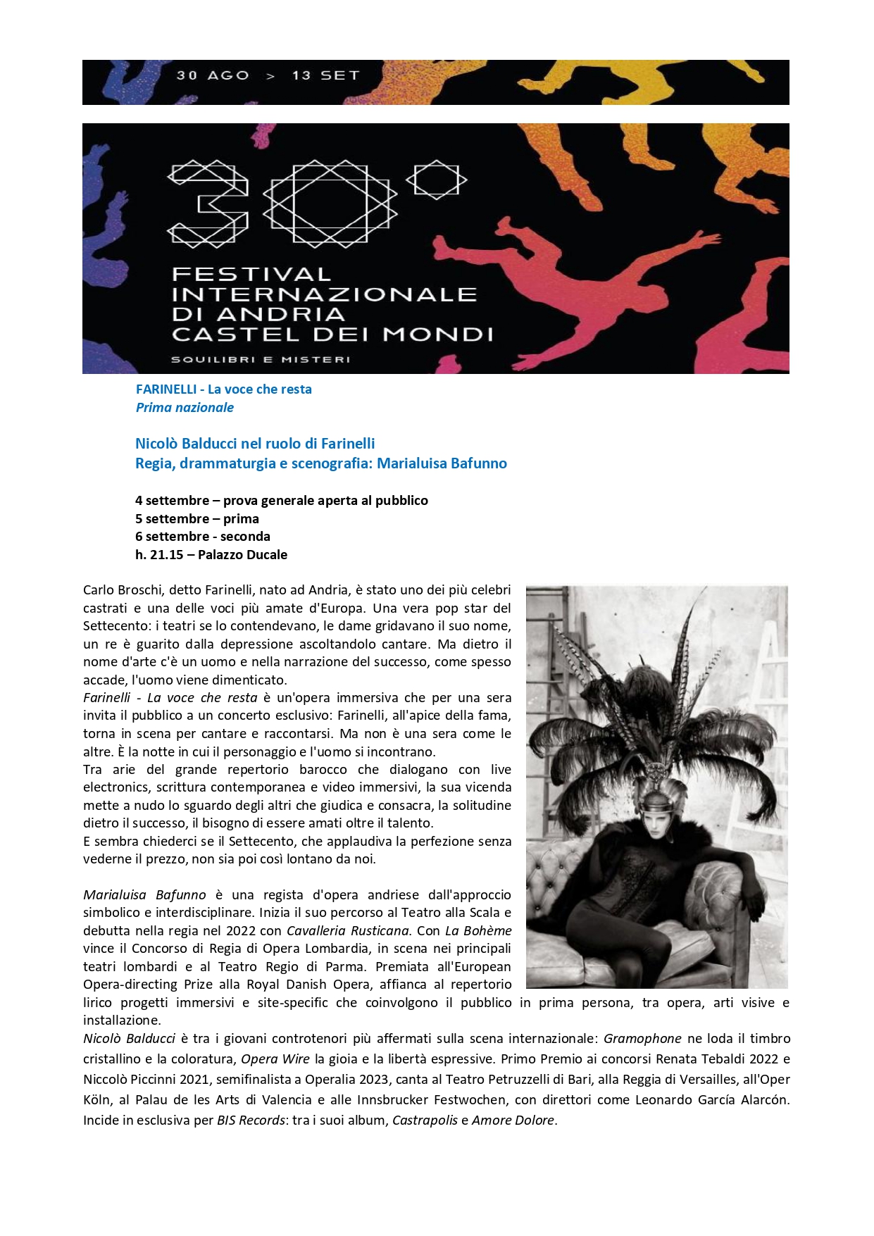 FESTIVAL INTERNAZIONALE DI ANDRIA CASTEL DEI MONDI 2026 "SQUILIBRI E MISTERI"