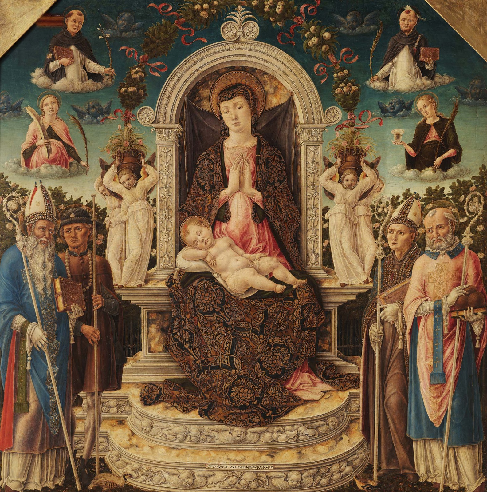 Bartolomeo Vivarini, Madonna in trono con il Bambino e Sant’Agostino, san Rocco, san Ludovico di Tolosa e san Nicola di Bari, in alto san Domenico, santa Caterina d’Alessandria, san Pietro martire, santa Maria Maddalena, tavola, cm 121x121, inv. Q66