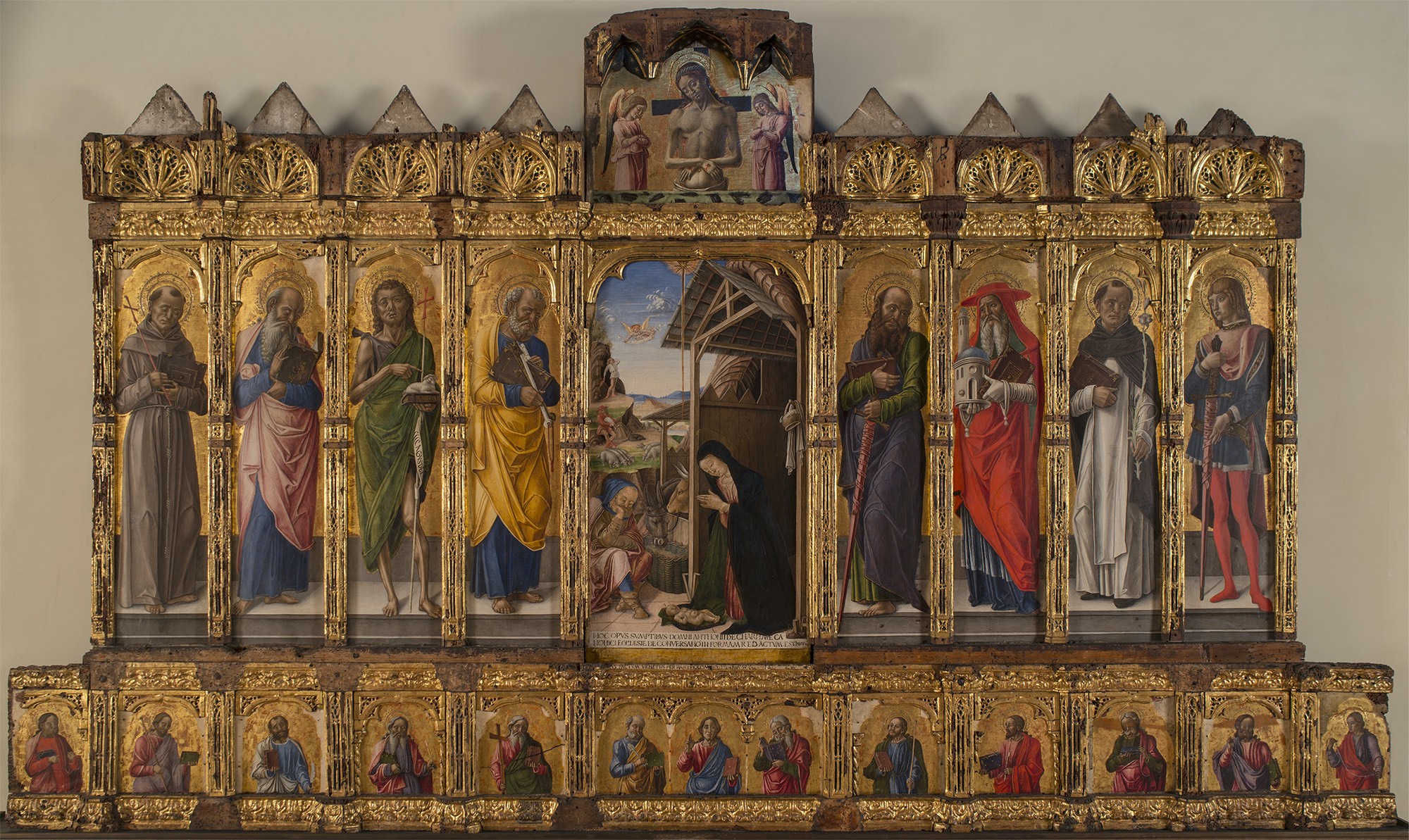 Vivarini Bartolomeo e aiuti di Bottega, Polittico di Conversano: La Natività; SS. Francesco, Andrea, Giovanni Battista, Pietro, Paolo, Girolamo, Domenico e Teodoro, tavola, cm 225 x 270, cat 581